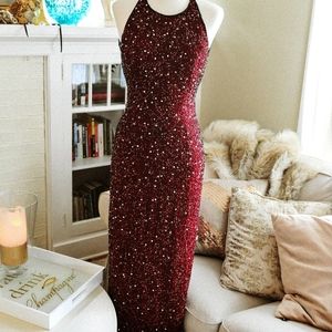 Gorgeous Crimson Beaded Vintage Backless Gown